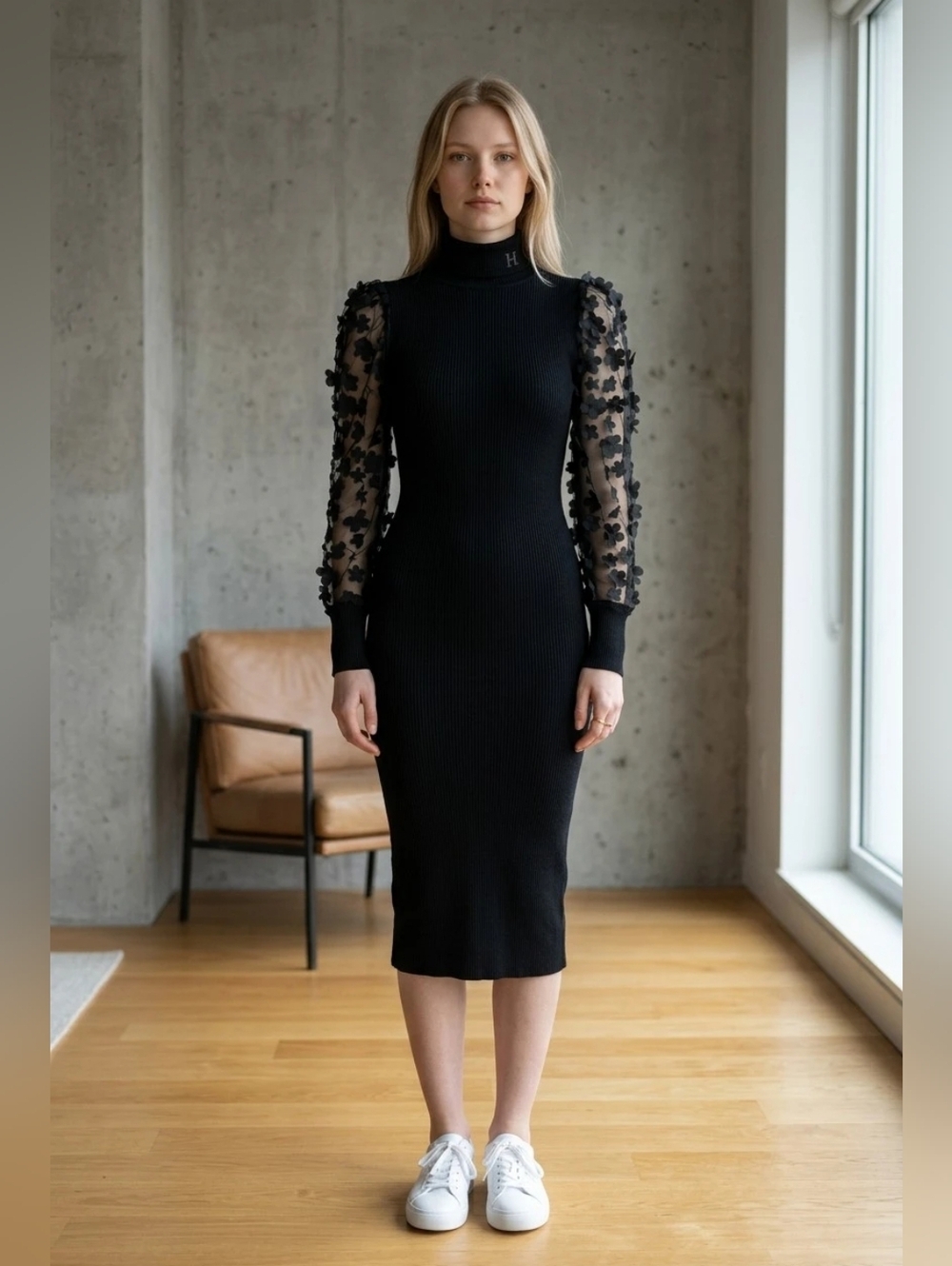Almost Famous Women's Black Petal Mesh LongSleeve Midi Dress Sz Small